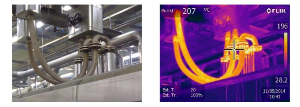 Les audits Tipchecks permettent d’identifier des équipements non ou mal isolés, ici des lignes de production dont la température de surface dépasse les 200°C. © EiiF